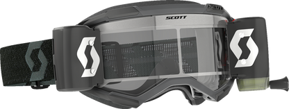 Scott Fury WFS goggles in black with clear lenses, designed for motocross or off-road riding, featuring a sturdy frame and adjustable strap.