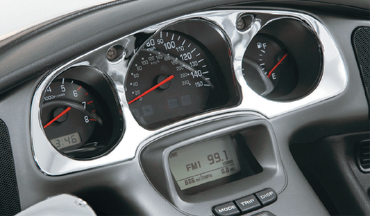 Chrome engine instrument panel accent by Bill's Exhausts, featuring a sleek chrome finish on a vehicle engine component.