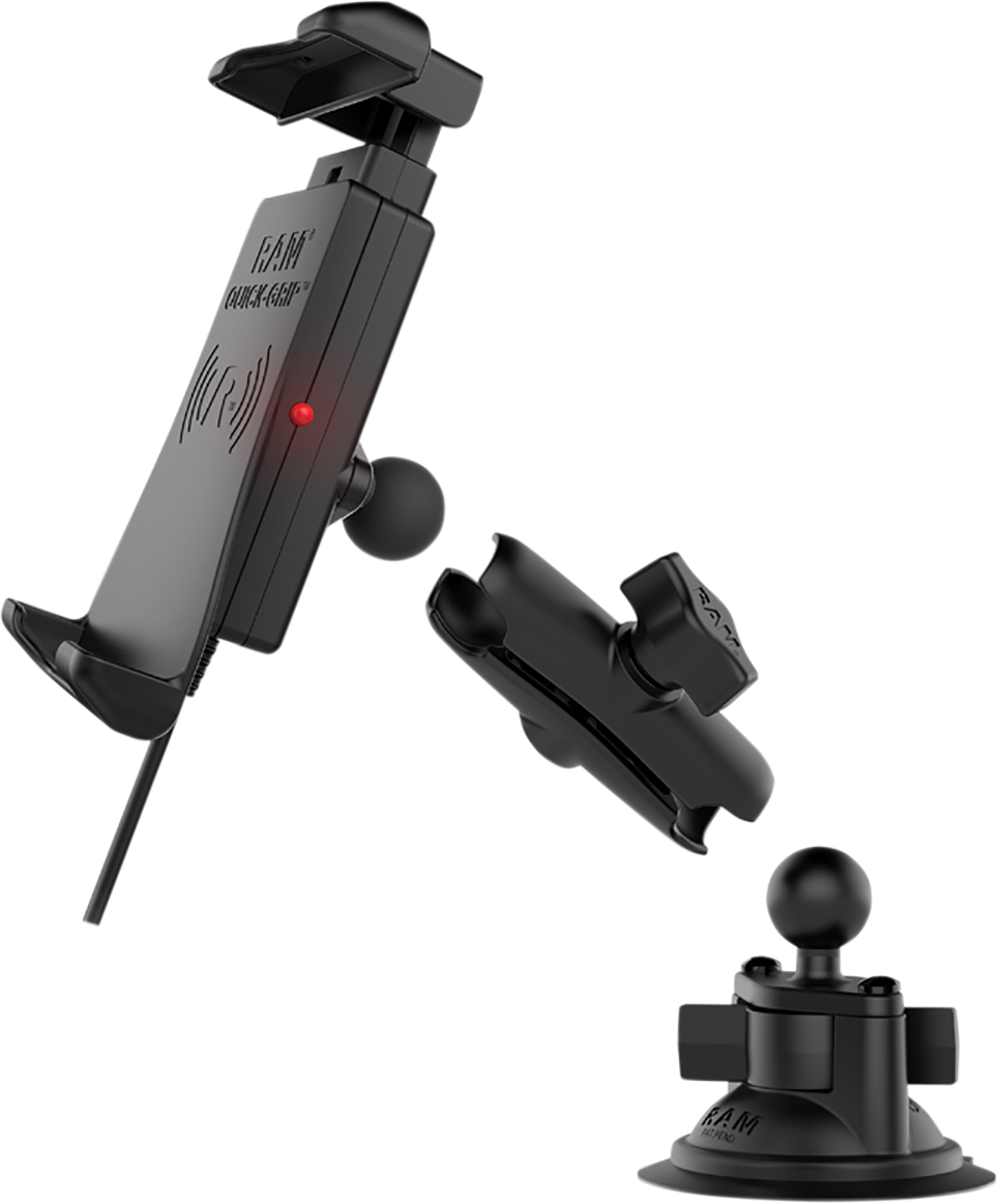 Wireless waterproof RAM MOUNTS device holder with quick-grip and suction cup mount, designed for engine use by Bill's Exhausts