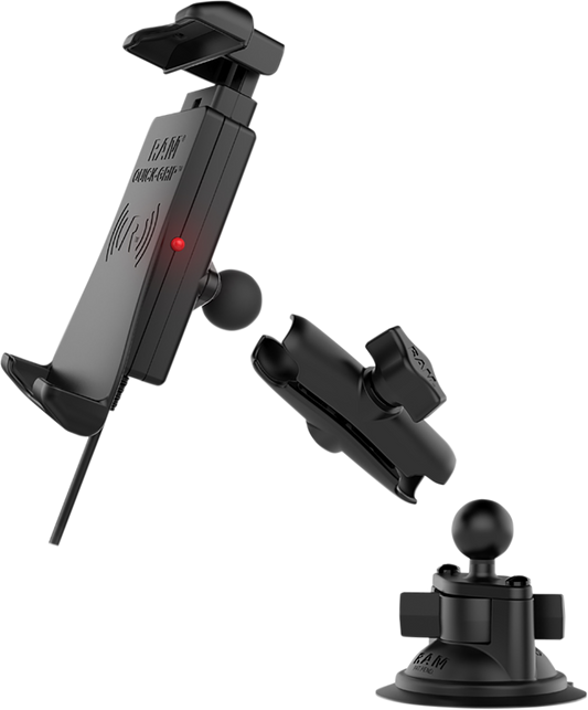 Wireless waterproof RAM MOUNTS device holder with quick-grip and suction cup mount, designed for engine use by Bill's Exhausts
