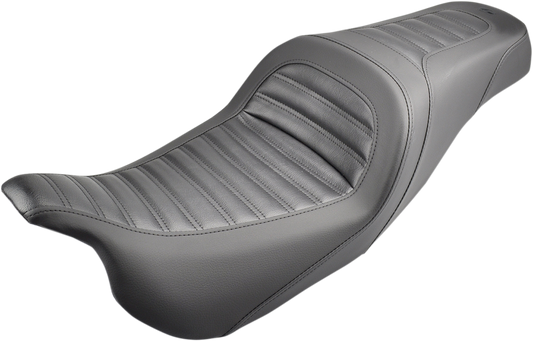 Black Saddlemens Slim Roll and Pleat Seat for Harley FL models, designed for comfort and style, shown on a motorcycle.