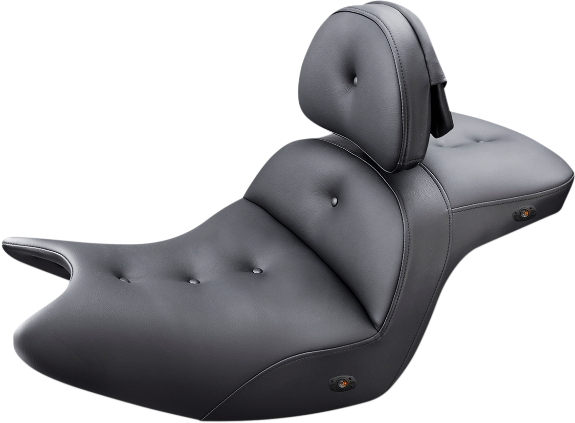 Black SADDLEMEN Roadsofa seat with backrest and pillow top, heated, designed for motorcycles, with visible stitching and ergonomic shape.