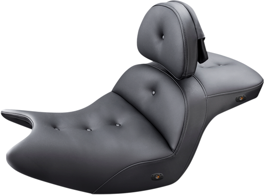Black SADDLEMEN Roadsofa seat with backrest and pillow top, heated, designed for motorcycles, with visible stitching and ergonomic shape.