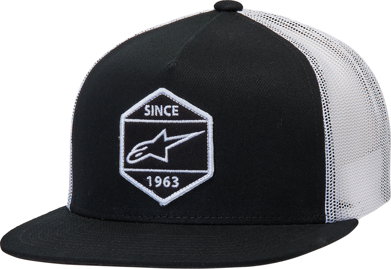 Black and white Alpinstars Bolt Trucker Hat with structured front, mesh back, and adjustable strap, featuring the Alpinstars logo.