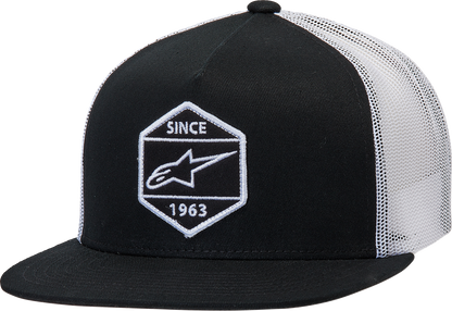Black and white Alpinstars Bolt Trucker Hat with structured front, mesh back, and adjustable strap, featuring the Alpinstars logo.