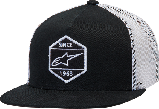 Black and white Alpinstars Bolt Trucker Hat with structured front, mesh back, and adjustable strap, featuring the Alpinstars logo.