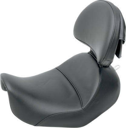 Black SADDLEMEN Heels Down Solo Seat with backrest for XL motorcycles, featuring a plain design and sturdy construction.