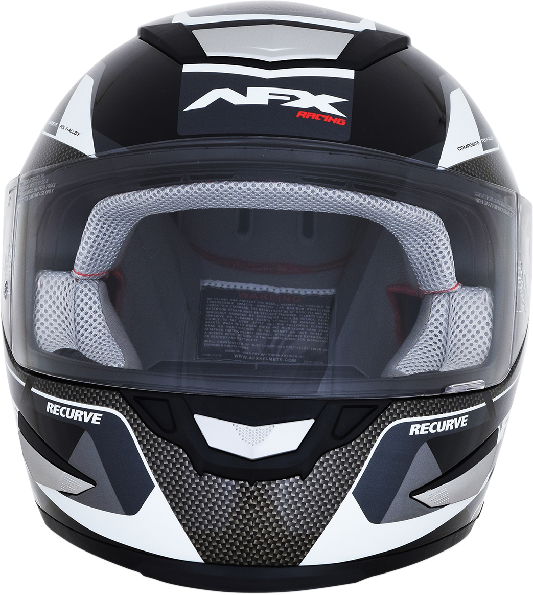 Black and white AFX FX-99 recurve helmet in XL size, featuring a sleek design and secure fit for motorcycle riders.