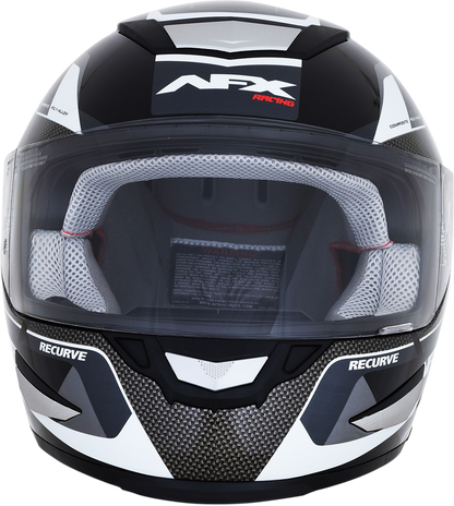 Black and white AFX FX-99 recurve helmet in XL size, featuring a sleek design and secure fit for motorcycle riders.
