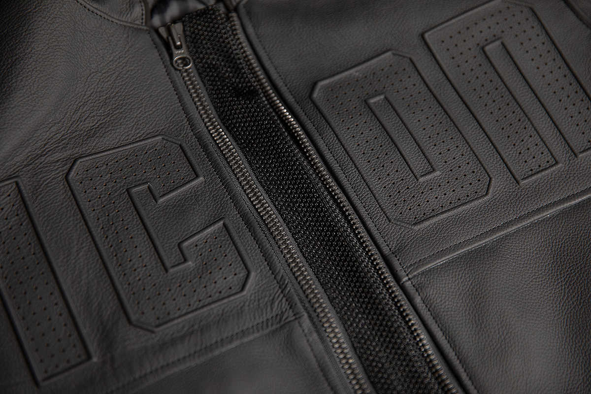 Black ICON Motorhead3™ jacket in medium size, featuring durable fabric and stylish design, ideal for motorcycle riders.