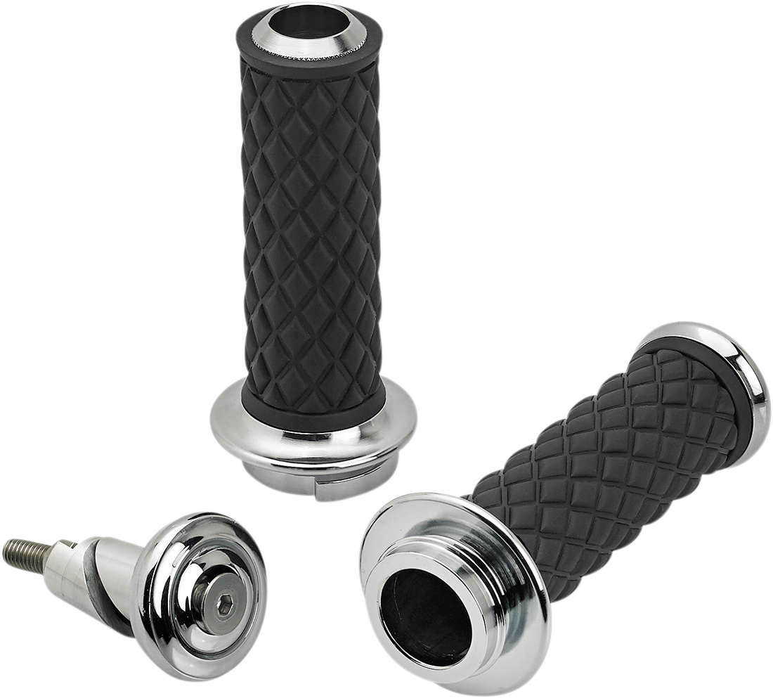 Chrome BILTWELL Alumicore motorcycle grips with TBW logo, featuring a sleek, polished metal finish for a stylish ride.