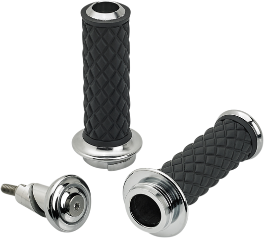 Chrome BILTWELL Alumicore motorcycle grips with TBW logo, featuring a sleek, polished metal finish for a stylish ride.