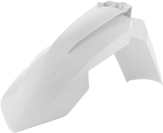 A white Acerbis front fender for motorcycles, made of durable body material, with smooth curves and mounting points visible.