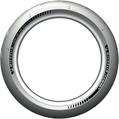 Michelin Power GP front motorcycle tire 120/70ZR17 with 58W load and speed rating, designed for high performance riding.