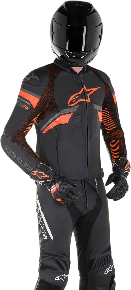 Alpinestars GP Plus R v3 Rideknit leather motorcycle jacket in black and red fluo, US 44 / EU 54, with protective armor and sleek design.