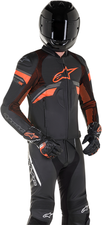 Alpinestars GP Plus R v3 Rideknit leather motorcycle jacket in black and red fluo, US 44 / EU 54, with protective armor and sleek design.