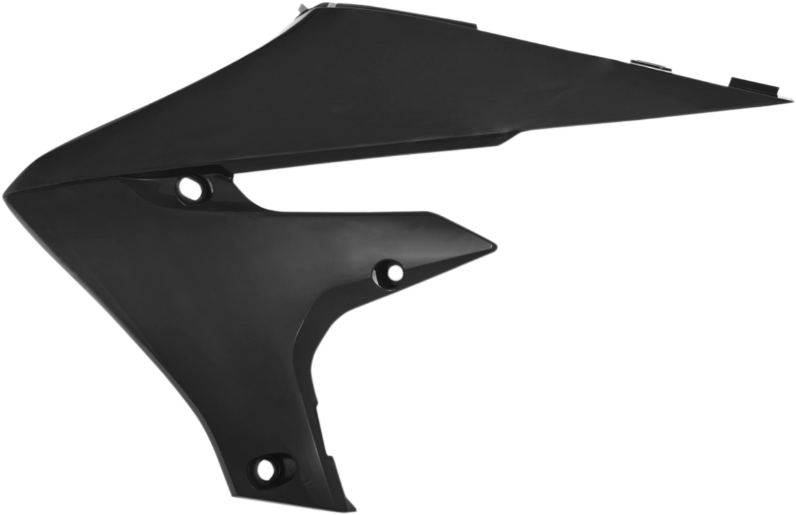 Black Acerbis radiator shrouds for motorcycle body, designed for durability and a sleek look, shown on the product image.