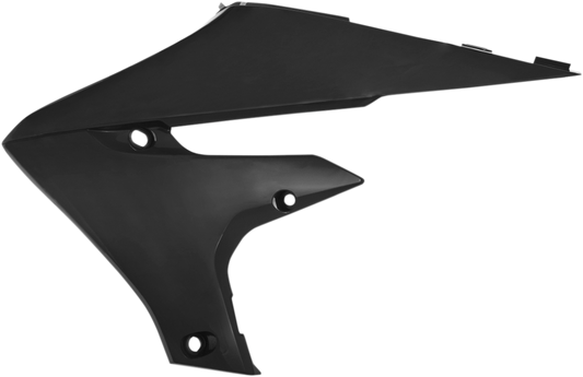 Black Acerbis radiator shrouds for motorcycle body, designed for durability and a sleek look, shown on the product image.