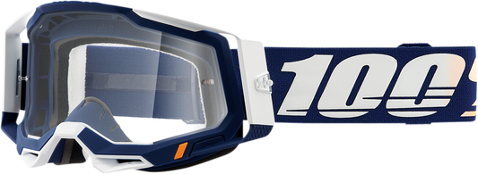 Clear 100% Racecraft 2 goggles by Bill's Exhausts with a sleek frame and adjustable strap, designed for racing and active use.