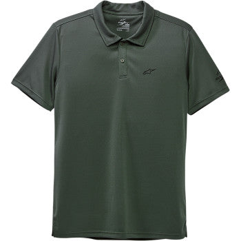 Alpinestars Scenario Performance Polo Shirt in Spruce color, 2XL size, with a close-up view of the fabric and logo details.