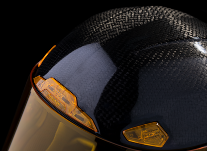 Bill's Exhausts ICON Airframe Pro™ helmet in yellow, carbon fiber design, large size, with aerodynamic shape and ventilation features.