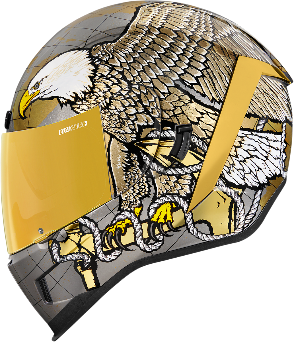Gold ICON Airform™ helmet with Semper Fi design in XS size, featuring a sleek helmet shape and detailed graphics.