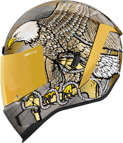 Gold ICON Airform™ helmet with Semper Fi design in XS size, featuring a sleek helmet shape and detailed graphics.
