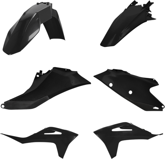 A black Acerbis standard replacement body kit for motorcycles, displayed on a plain background.