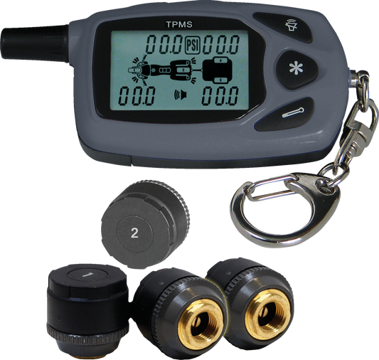 Bill's Exhausts Show Chrome bike and trailer tire pressure monitor system engine component, with display screen and control buttons.