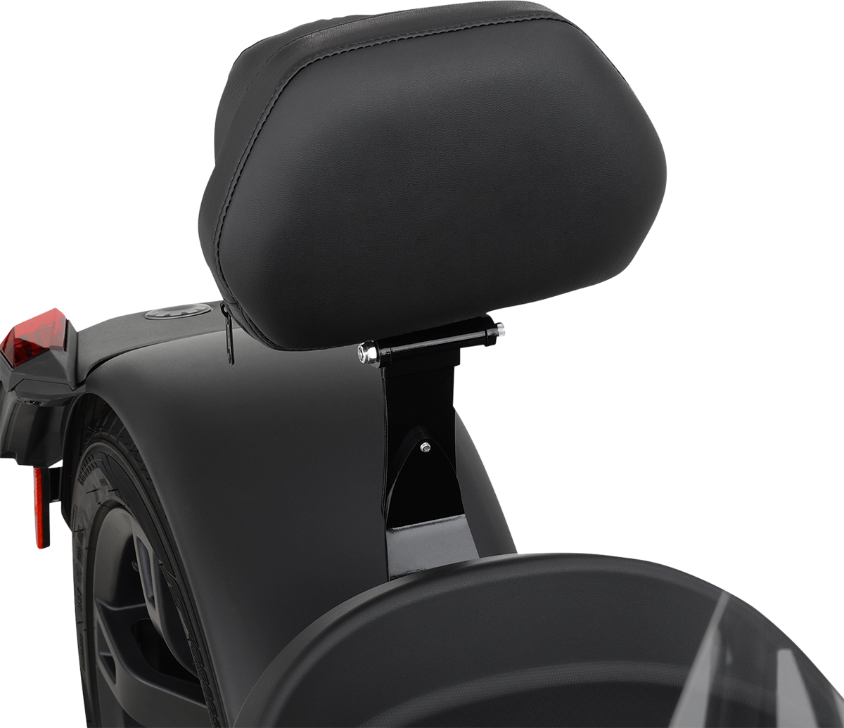 Black SHOW CHROME quick-detach backrest for Ryker 2019-2021 engine, designed for easy removal and enhanced rider comfort.