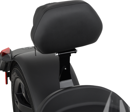 Black SHOW CHROME quick-detach backrest for Ryker 2019-2021 engine, designed for easy removal and enhanced rider comfort.