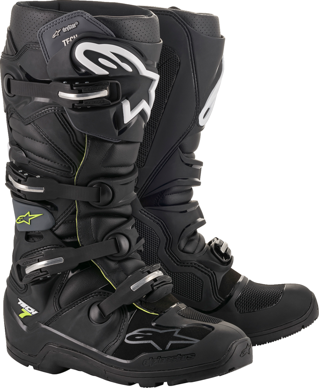 Alpinestars Tech 7 Enduro Drystar® black motorcycle boots, US size 8, featuring durable construction and protective design.
