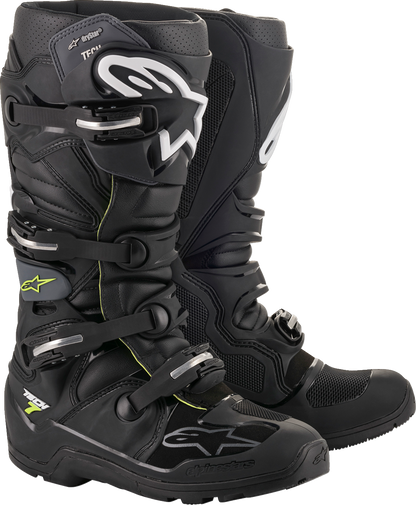Alpinestars Tech 7 Enduro Drystar® black motorcycle boots, US size 8, featuring durable construction and protective design.