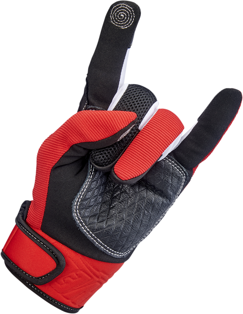 Red BILTWELL Baja Gloves in 2XL size, showing durable motorcycle gloves with padded knuckles and adjustable wrist strap.