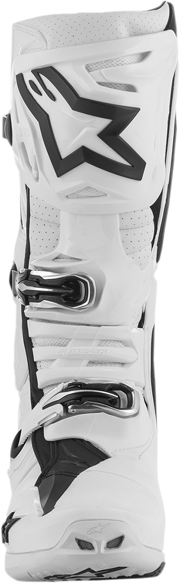 Alpinestars Tech 10 Supervented motorcycle boots in white, US 14, featuring reinforced protection and ventilated design.