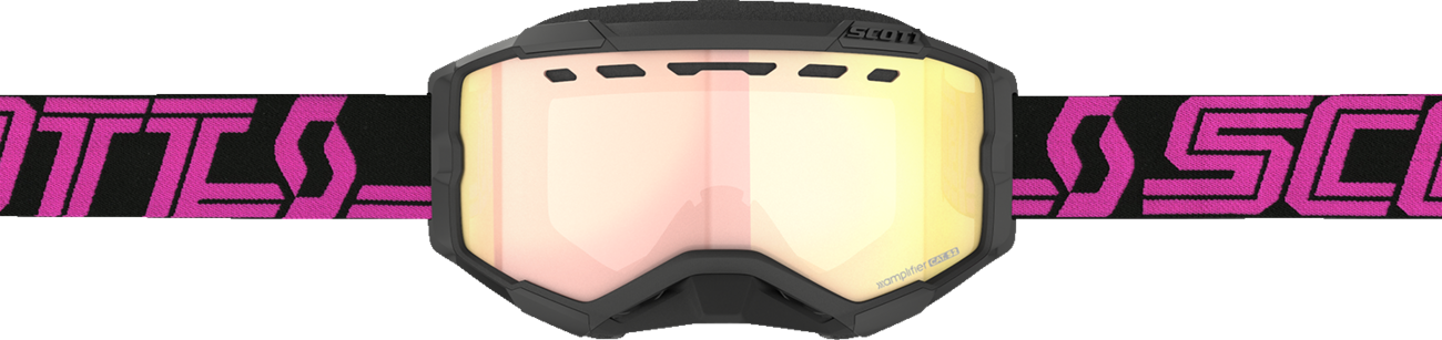 Scott Fury snow goggles with black and pink frame and rose chrome enhancer lens, designed for winter sports and snowboarding.