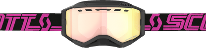 Scott Fury snow goggles with black and pink frame and rose chrome enhancer lens, designed for winter sports and snowboarding.
