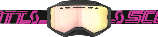Scott Fury snow goggles with black and pink frame and rose chrome enhancer lens, designed for winter sports and snowboarding.