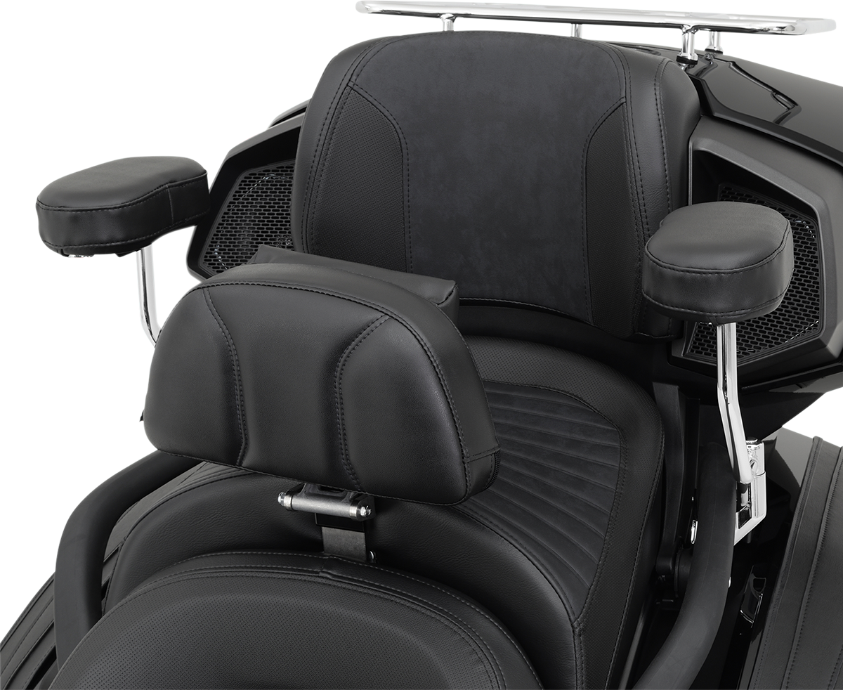 Black Show Chrome Deluxe Passenger Armrest for Can-Am F3 motorcycle, designed for comfort and style.