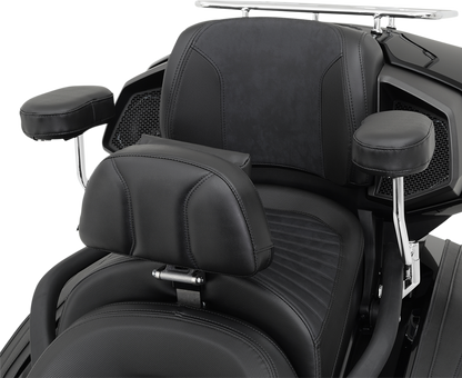Black Show Chrome Deluxe Passenger Armrest for Can-Am F3 motorcycle, designed for comfort and style.
