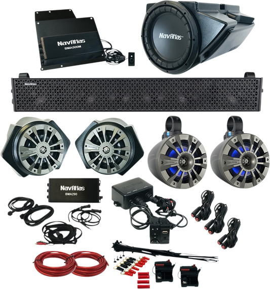 Bill's Exhausts NAVATLAS Zone 5 RZR RZR2 audio speakers for off-road vehicles, showing the black speaker units and mounting hardware.