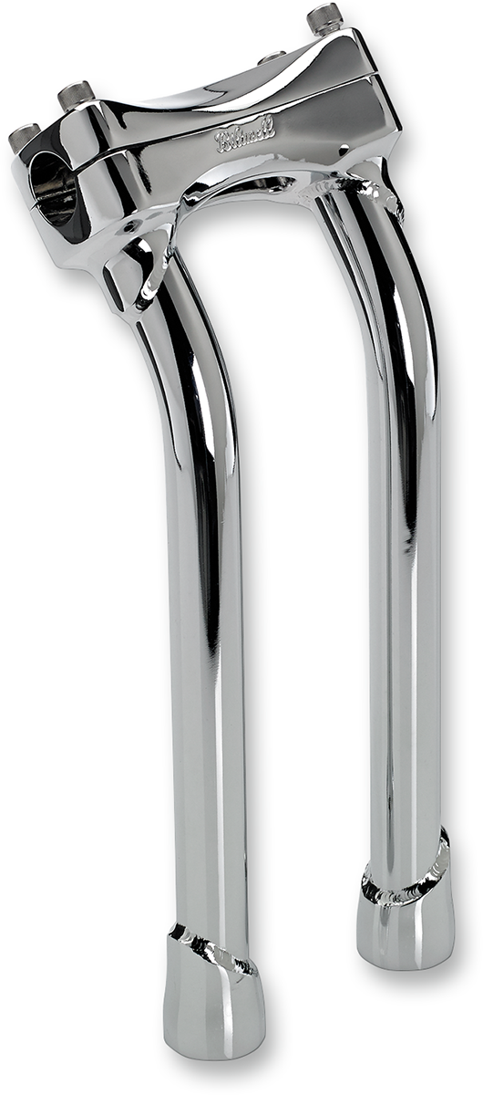 Chrome BILTWELL Risers Murdock Pullback 12-inch handlebars for motorcycle, showcasing the sleek, polished handlebar design.