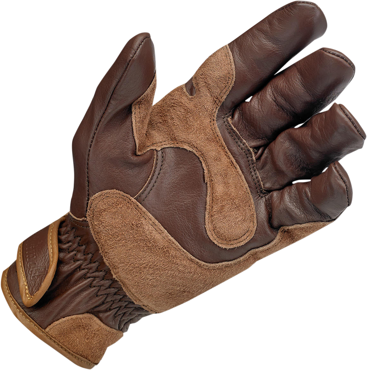 Bill's Exhausts BILTwell work gloves in chocolate suede, XS size, showing the textured suede material and snug fit design.