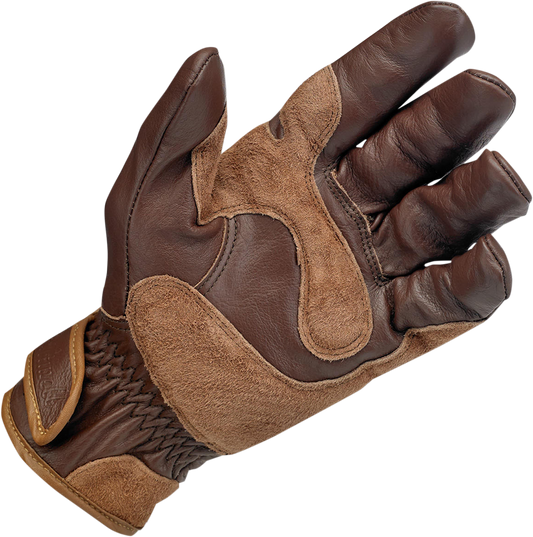 Bill's Exhausts BILTwell work gloves in chocolate suede, XS size, showing the textured suede material and snug fit design.