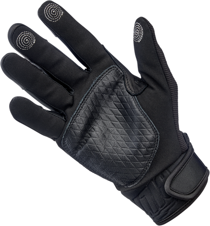 Black BILTWELL Baja Gloves in Large size, showing durable textile and protective padding for motorcycle riding.