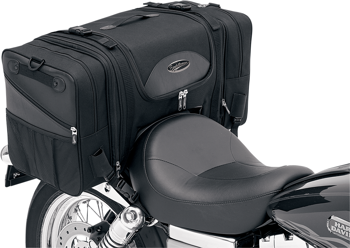 Bill's Exhausts SADDLEMEN Deluxe Cruiser Tail Bag 3516-0036 attached to motorcycle seat for extra storage and comfort.