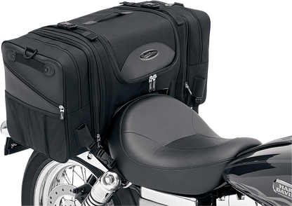 Bill's Exhausts SADDLEMEN Deluxe Cruiser Tail Bag 3516-0036 attached to motorcycle seat for extra storage and comfort.