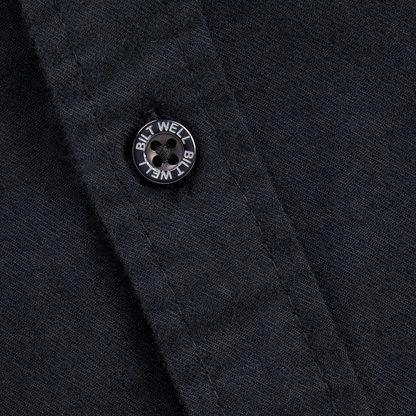 Bill's Exhausts Blackout lightweight flannel shirt in medium size, black and gray plaid fabric, casual style.
