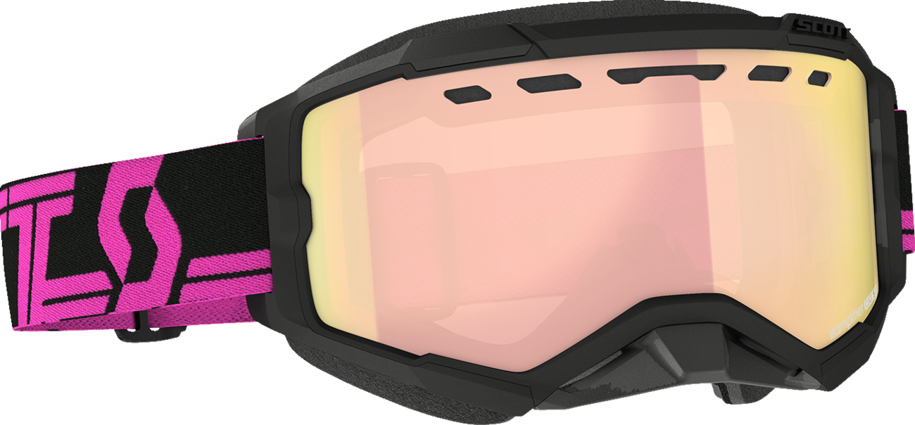 Scott Fury Snow Goggles in black and pink with Enhancer Rose Chrome lenses, designed for winter sports and snowboarding.