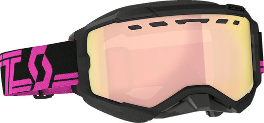 Scott Fury Snow Goggles in black and pink with Enhancer Rose Chrome lenses, designed for winter sports and snowboarding.